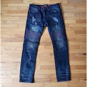 Makobi Prado Biker Rip Repair Moto Jeans Blue Dark Wash Low Rise Straight Leg